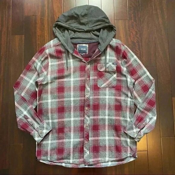 KOLBY Mens Flannel Shirt Button Up Shacket Hoodie Burgundy Grey Plaid Large - Picture 16 of 16